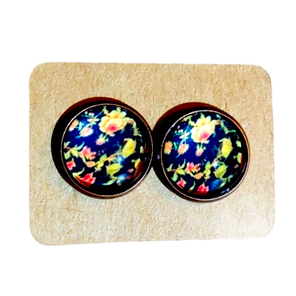 Vintage Floral Copper Cabochon Stud Earrings